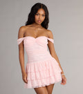 Romance Language Off-The-Shoulder Lace Mini Dress