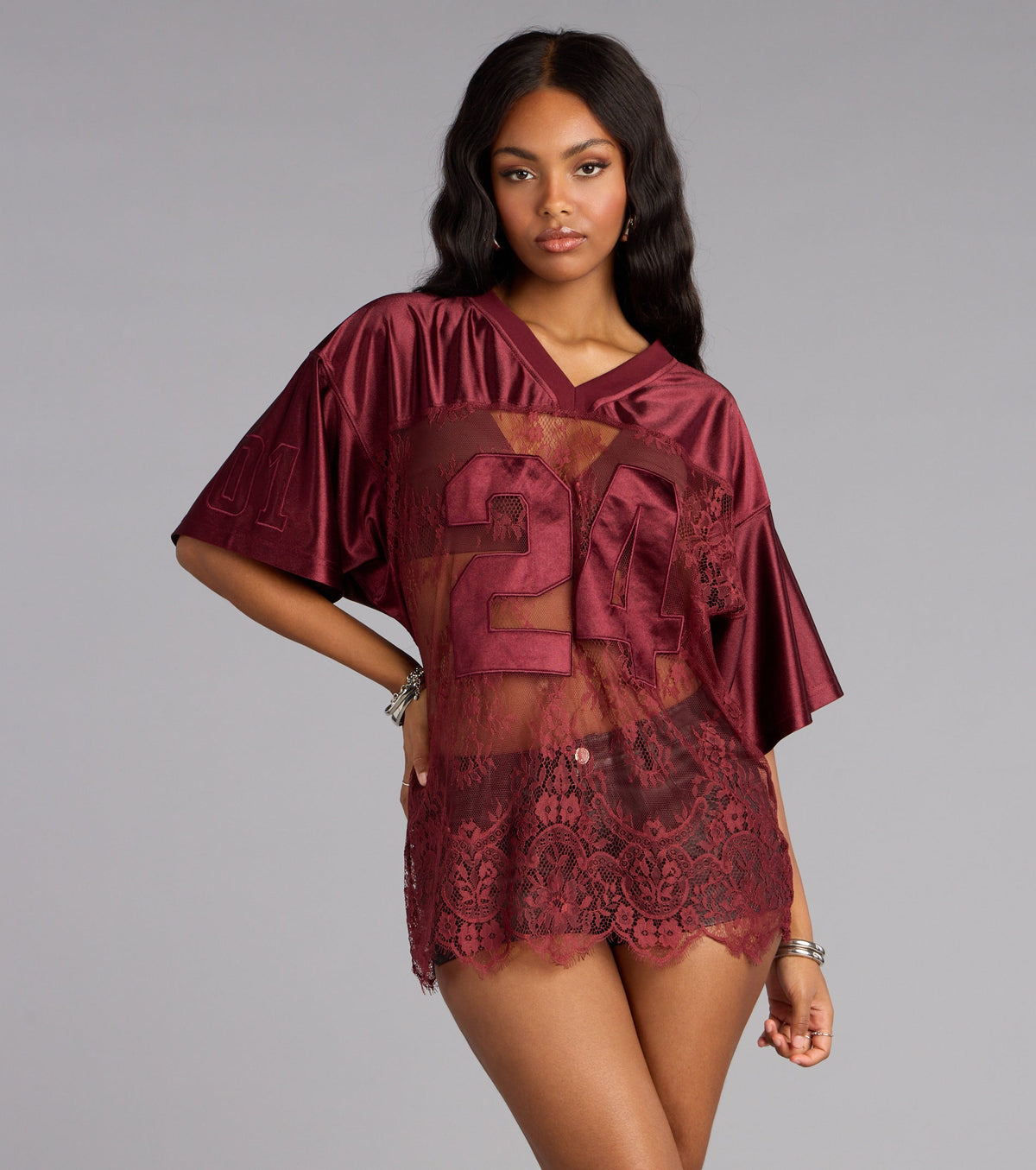 Sporty Chic Lace V-Neck 24 Graphic Jersey Top