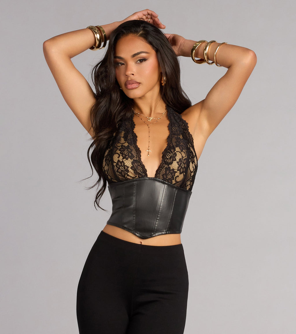 Midnight Mood Lace And Faux Leather Corset Top
