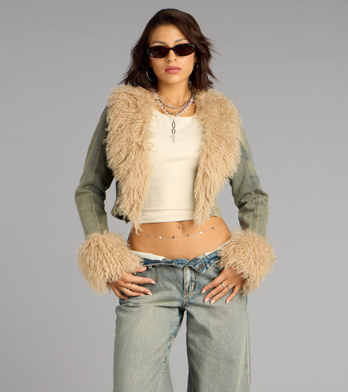 Scene Stealer Faux Fur Crop Denim Jacket